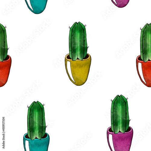 Cacti in bright colorful pots indoor plant pattern. Template for decorating designs and illustrations. photo