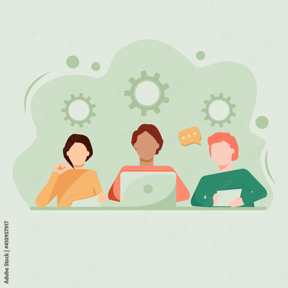 
Modern workspace flat vector illustrations. Three people working office staff sit behind cartoon characters isolated on green background. Coworking open space
