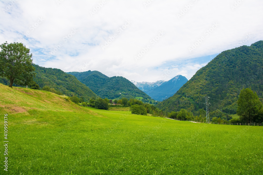 The summer landscape near the village of Zatolmin in Tolmin municipality, Primorska, Slovenia. Part of the Triglav National Park
