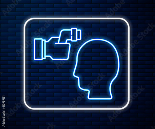 Glowing neon line Digital contactless thermometer with infrared light for medical examination icon isolated on brick wall background. Checking body temperature. Vector.