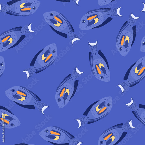 Bright doodle seamless pattern with stylized surgeon fish print. Blue tones marine backdrop.
