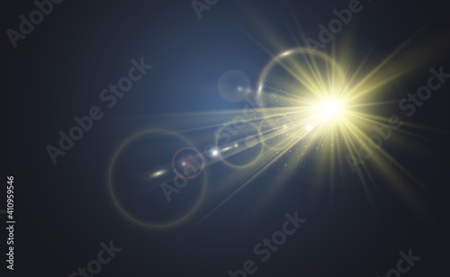 Special lens flash, light effect. The flash flashes rays and searchlight. illust.White glowing light. Beautiful star Light from the rays. The sun is backlit. Bright beautiful star. Sunlight. Glare.	