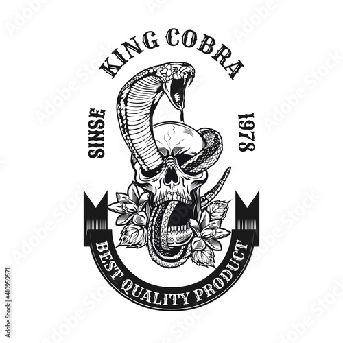 Monochrome king cobra in skull emblem. Retro design elements with human skull, snake and blooming flowers. Gothic or horror concept for label, stamp, tattoo template