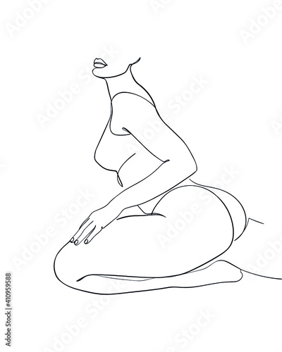 Vector outline black and white illustration of woman body. One line drawing isolated on white background.