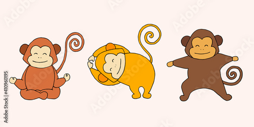 Three monkeys doing yoga. Asanas. Yoga poses. Charging. Exercises. Warm up. Physical Education. Vector hand-drawn doodle illustration.