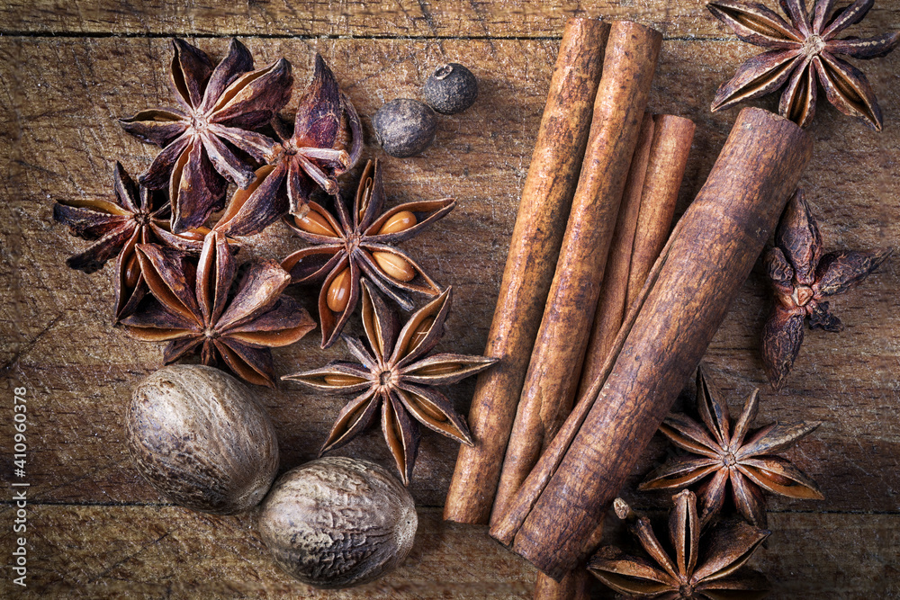 spices on wooden table, selective focus spices on wooden table, selective focus
