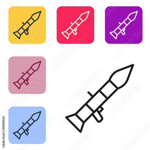 Black line Rocket launcher with missile icon isolated on white background. Set icons in color square buttons. Vector.