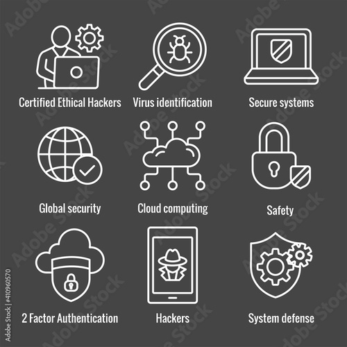 Certified Ethical Hacking CEH icon set showing virus, exposing vulnerabilities, and hacker