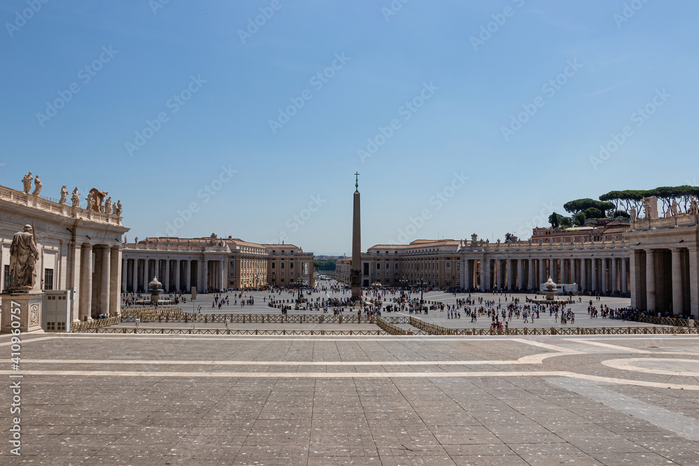 view of the entire St. Peter's square from the side of the cathedral. Vatican St. Peter's square on a summer day. blue sky over the main square of the Vatican.