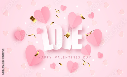 Word love with paper realistic hearts. Romantic valentine's day banner