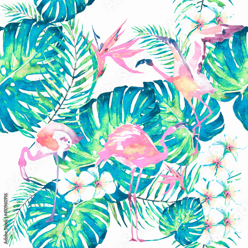 pink flamingos ,pattern,palm leaves, watercolor on a white © aboard