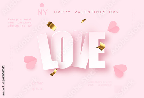 Love pink vector background with golden confetti. Valentines day celebrate design. Festive premium concept template for holiday