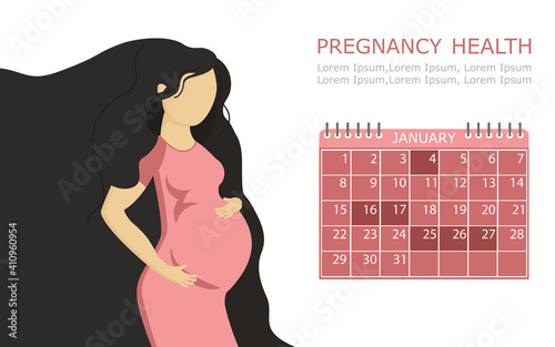 Happy pregnant woman uses a calendar to track her pregnancy. Schedule of an appointment with a doctor according to a monthly plan. Pregnancy in the last weeks of the period. Cute female character in f