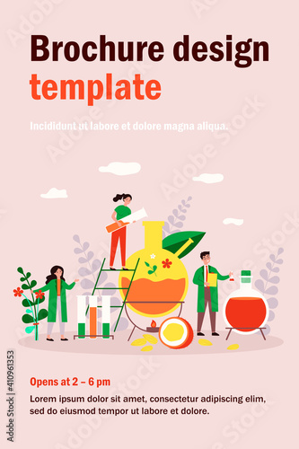 Happy people mixing herbs in flasks for essential oils flat vector illustration. Cartoon characters making cosmetics from organic ingredients. Chemistry and healthcare in cosmetology concept