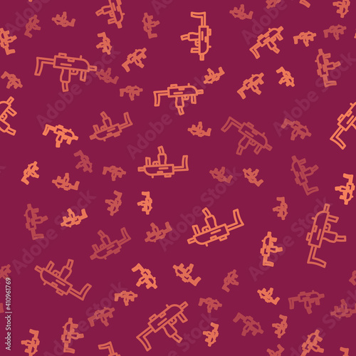 Brown line MP9 submachine gun icon isolated seamless pattern on red background. Automatic weapon. Vector.