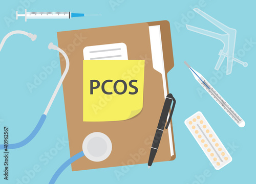 PCOS (Polycystic ovary syndrome) written on patient files - vector illustration
