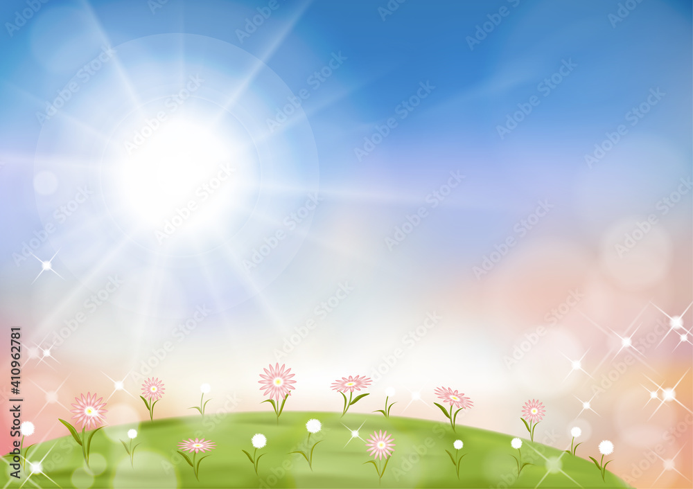 Vector summer nature background with blue sky and green grass fields,Spring background with abstract blurry bokeh sun light effect. Template banner for Easter or Spring sale concept