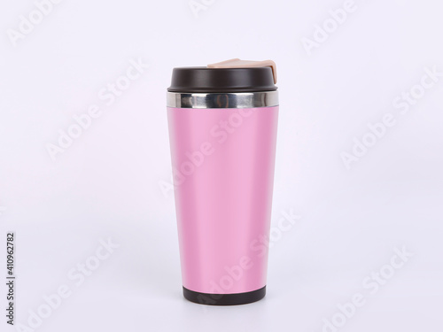 Reusable Coffee Cup To Go. Mug and tumbler thermos flask of pink color. Mock up.