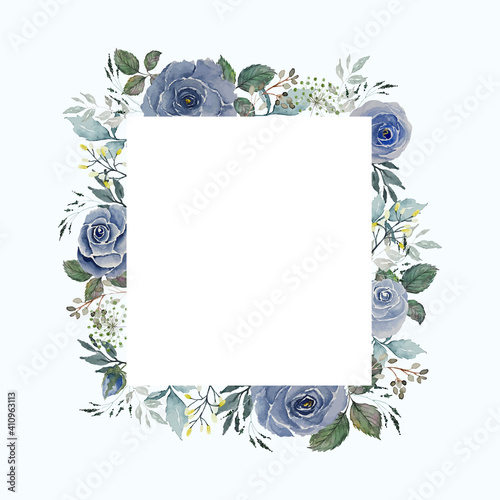 WebWatercolor gray blue roses flower and green leaves border frame around white open space rectangle box background