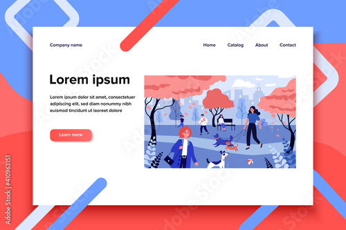Positive people walking dogs. Dog owners with pets on with leash in city park flat vector illustration. Animal care, hobby, lifestyle concept for banner, website design or landing web page