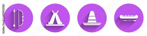 Set Bow and arrow in quiver, Indian teepee or wigwam, Mexican sombrero hat and Kayak or canoe and paddle icon with long shadow. Vector.