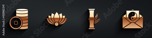 Set Chinese Yuan currency, Lotus flower, Bamboo and Yin Yang and envelope icon with long shadow. Vector.