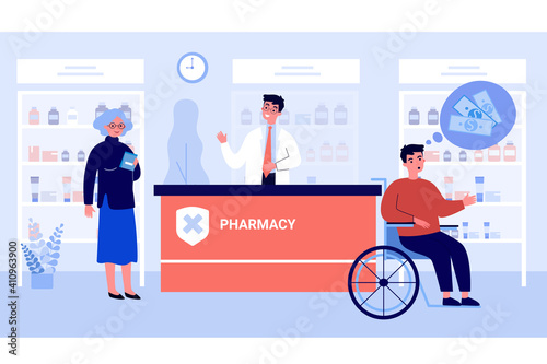 People in drug store being surprised about prices. Cash, wheelchair, grandmother flat vector illustration. Pharmacy and medicine concept for banner, website design or landing web page