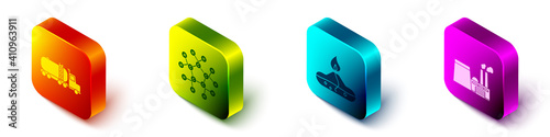 Set Isometric Tanker truck, Molecule oil, Alcohol or spirit burner and Oil industrial factory building icon. Vector.
