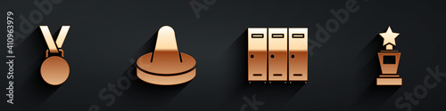 Set Medal, Mallet for playing air hockey, Locker or changing room and Award cup icon with long shadow. Vector.