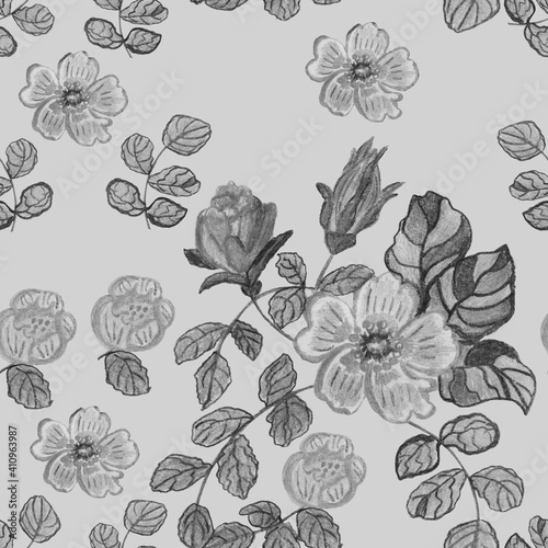 Wild rose flowers with leaves in black and white
