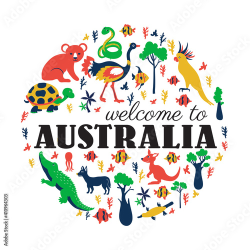 Round frame with Australian wild animal, colorful trees, vector cartoon illustration, travel background with mammal koala, kakadu, snake, kangaroo, crocodile, fish, decorative texture for design zoo
