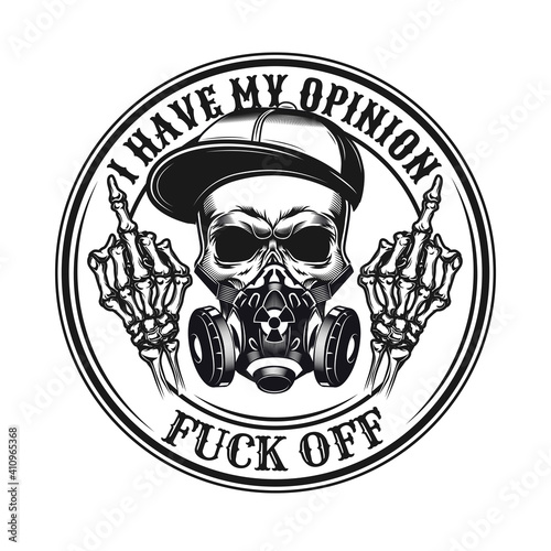 Black middle finger emblem. Vintage design element with rebel skull in respirator showing fuck off hand gesture and text. Nonconformist concept for tattoo, stamp, print template