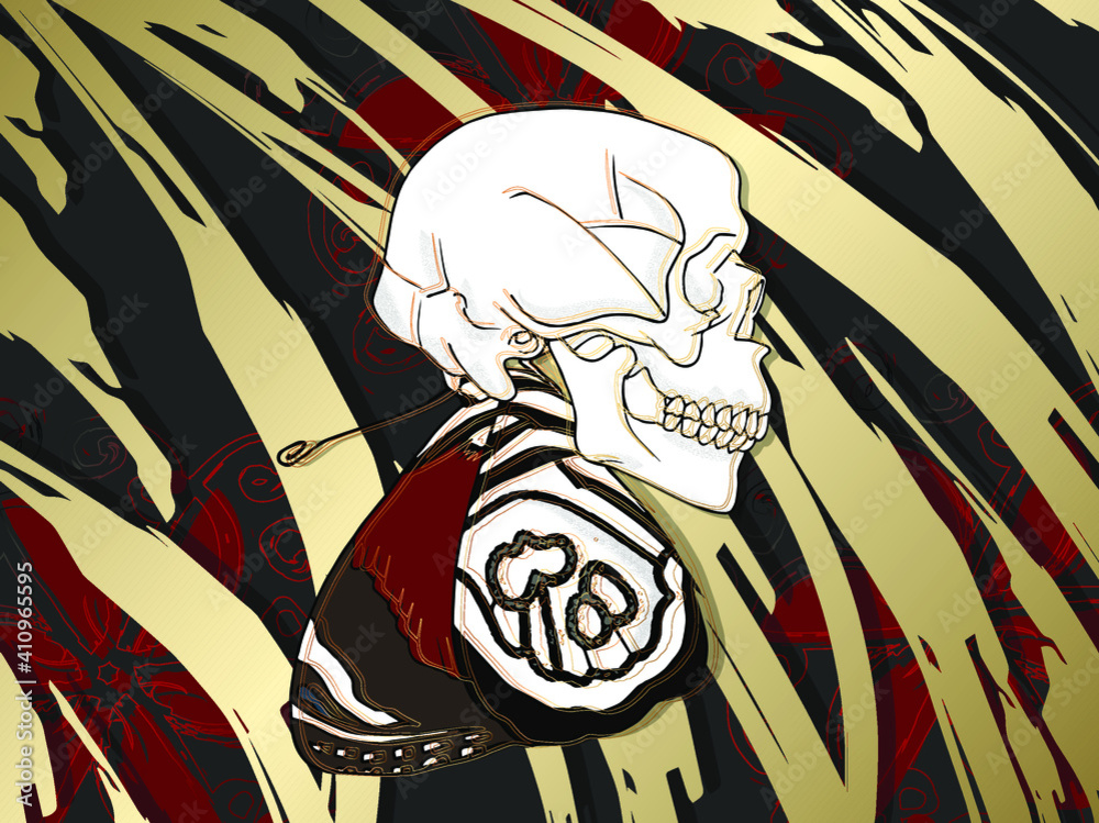 Obraz premium Butterfly with a skull on a gold and grey background with red flowers