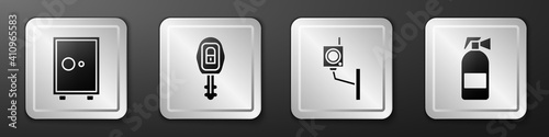 Set Safe, Car key with remote, Security camera and Fire extinguisher icon. Silver square button. Vector.
