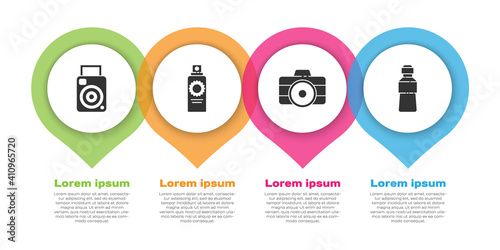 Set Photo camera, Sunscreen spray bottle, Photo camera and Bottle of water. Business infographic template. Vector.