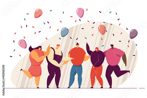 Group of friends celebrating birthday or team success. Happy people dancing at party with confetti and balloons, having fun together. For teamwork, celebration, office party concept
