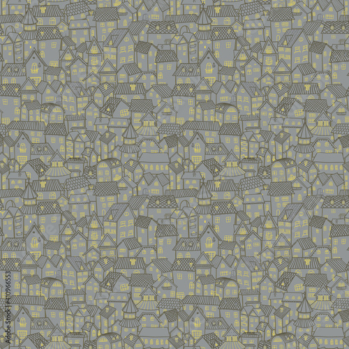 Cartoon town. Seamless pattern small old houses.