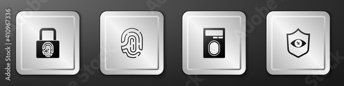 Set Fingerprint with lock, , and Shield eye scan icon. Silver square button. Vector.