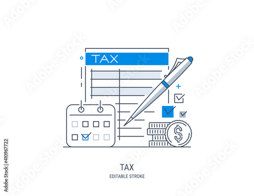 Tax payment concept. State taxation, tax return calculation. Tax form. Pay bills, invoices, salaries. Vector illustration. Line art style. Editable stroke.