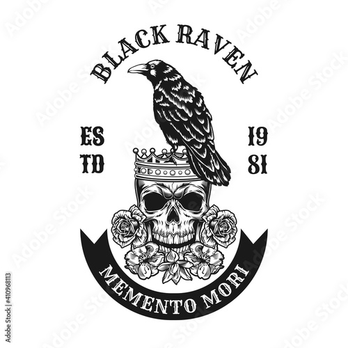Raven with king skull emblem design. Monochrome element with crow on dead head in crown with flowers vector illustration with text. Horror concept for tattoo studio stamps and labels templates