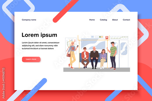 Men and women standing in subway vector illustration. City dwellers using public transport. People commuting in metro, passengers in underground train car