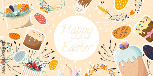 happy Easter poster and banner template with Easter eggs, easter cakes, kuliches, baskets, flowers, spring wreaths on a light pastel background. Trendy vector illustration of Easter paraphernalia