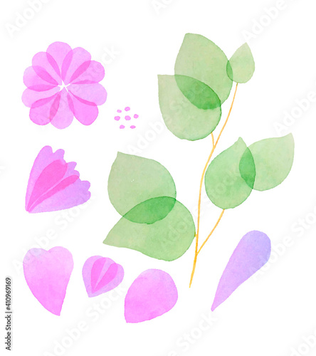 Set of watercolor botanical elements flower petal bud core branch leaves, isolated. Vector illustration