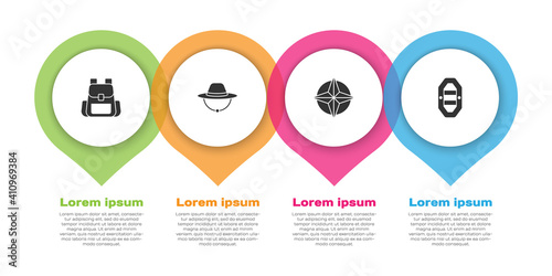 Set Hiking backpack, Camping hat, Wind rose and Rafting boat. Business infographic template. Vector.