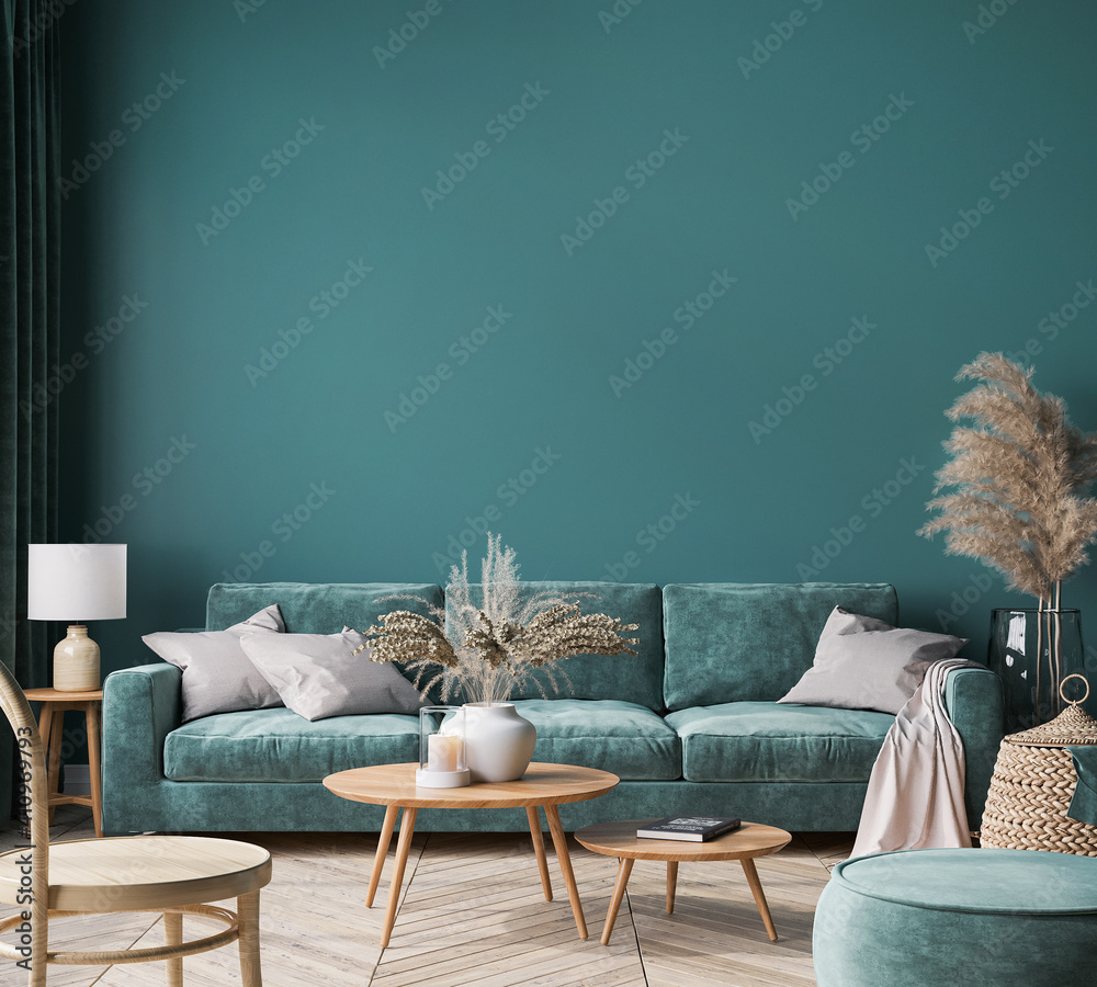 Home interior mock-up with green sofa, wooden table and trendy decoration in green living room, 3d render - obrazy, fototapety, plakaty 