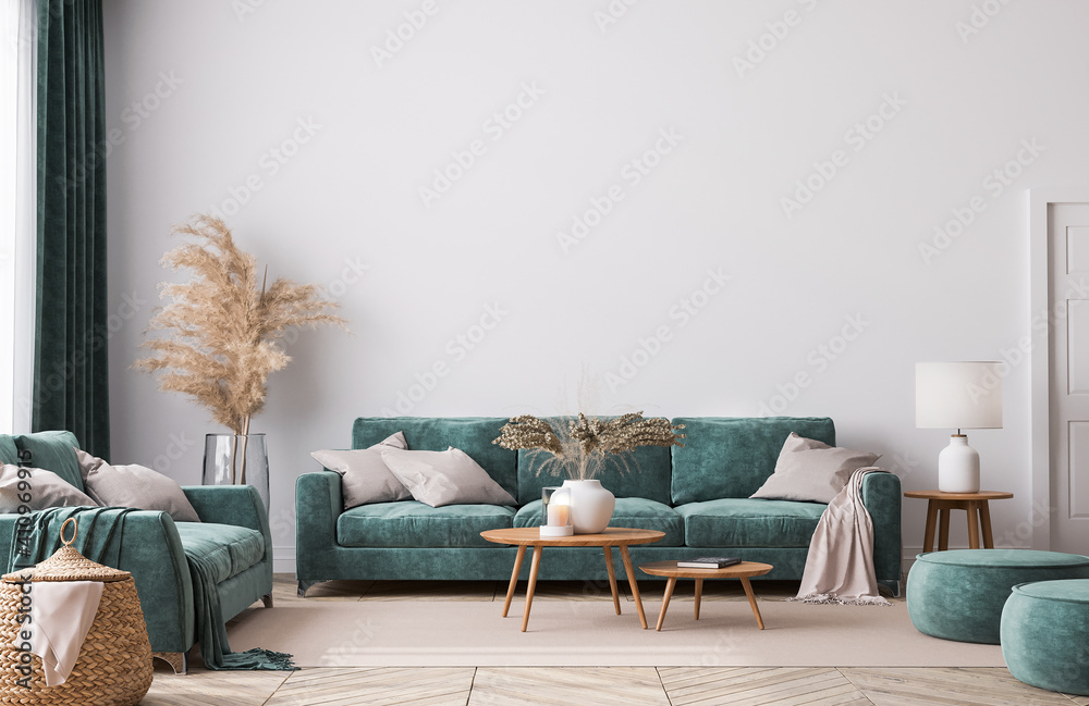 Home interior mock-up with green sofa, wooden table and trendy decoration in white bright living room, 3d render - obrazy, fototapety, plakaty 