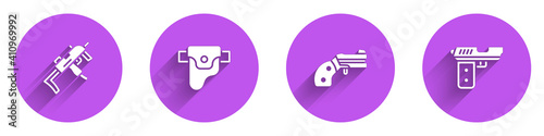 Set MP9I submachine gun, Gun holster, Small revolver and Pistol or icon with long shadow. Vector.