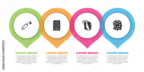 Set Syringe, Pills blister pack, Toothache and Psoriasis or eczema rash. Business infographic template. Vector.