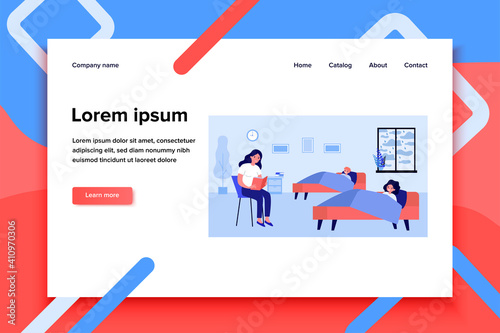 Mom reading bedtime story to kids. Fairytale, book, happy children lying in bed flat vector illustration. Motherhood and literature concept for banner, website design or landing web page