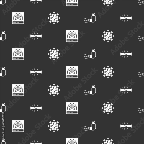 Set Inhaler, Bone pain, Lungs x-ray and Virus on seamless pattern. Vector.